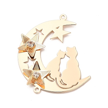 Brass Connector Charms with Crystal Rhinestone, Moon with Cat, Light Gold, 41x35x4mm, Hole: 1.6mm