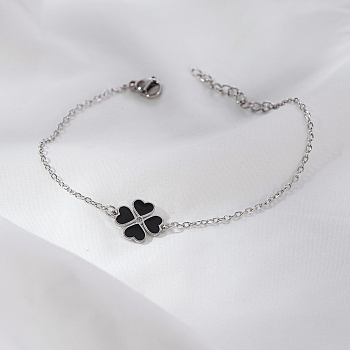 Stainless Steel Heart-shape Clover Link Bracelets, Cable Chain Bracelets for Women, Stainless Steel Color, 7-7/8 inch(20cm)