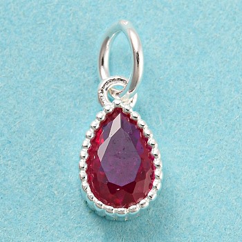 925 Sterling Silver Charms, with Cubic Zirconia, Faceted Teardrop, Silver, Medium Violet Red, 8.5x5x3mm, Hole: 3mm