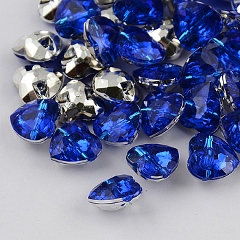 1-Hole Taiwan Acrylic Rhinestone Heart Buttons, Faceted & Silver Plated Pointed Back, Blue, 30x30x12mm, Hole: 2mm