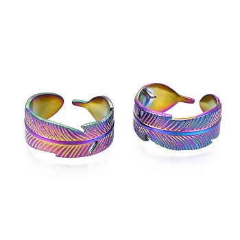 304 Stainless Steel Feather Wrapped Cuff Ring, Rainbow Color Open Ring for Women, US Size 10(19.8mm)