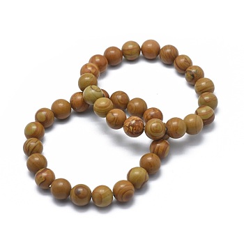 Natural Wood Lace Stone Bead Stretch Bracelets, Round, 2 inch~2-1/8 inch(5.2~5.5cm), Bead: 10mm