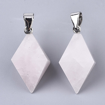 Natural Rose Quartz Double Terminated Pointed Pendants, with Platinum Plated Iron Pinch Bail, Bicone, 27~30x19~20x19~20mm, Hole: 7x4mm