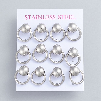 304 Stainless Steel Dangle Stud Earrings, with Ear Nuts, Ball with Ring, Stainless Steel Color, 17x14mm, Pin: 0.7mm, 6pairs/card