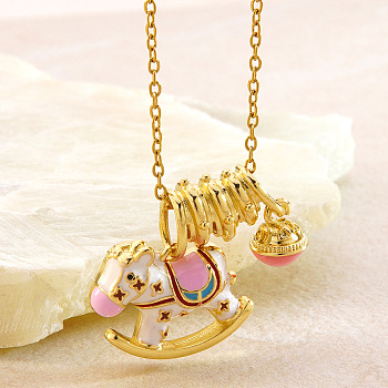 304 Stainless Steel Enamel & Cubic Zirconia Horse Pendant Necklaces for Women, Golden, White, 15.75 inch(40cm), pendant: 16x18.8mm