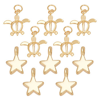 30Pcs 2 Sytles Rack Plating Brass Pendants, Star & Tortoise, Golden, 8~17x6~17x2mm, Hole: 1.2~4.5mm