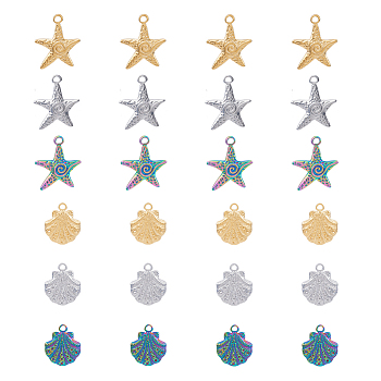 24Pcs 6 Style 304 Stainless Steel Pendants, Shell & Starfish Shape, Mixed Color, 17.5~23x15~20x2.5~3mm, Hole: 2mm, 4pcs/style