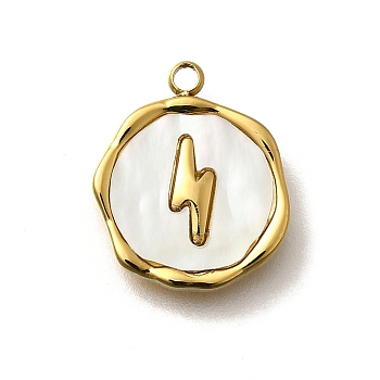 304 Stainless Steel Pendants, Flat Round, with Shell, Real 18K Gold Plated, Ion Plating(IP), Lightning Bolt, 15.5x12.5x2.5mm, Hole: 1.5mm