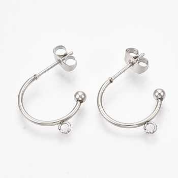 Non-Tarnish 304 Stainless Steel Stud Earring Findings, Half Hoop Earrings, with Loop and Ear Nuts/Earring Backs, Stainless Steel Color, 18x19x3mm, Hole: 1.6mm, Pin: 0.8mm