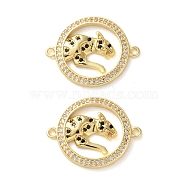 Rack Plating Brass Black Cubic Zirconia Flat Round with Leopard Connector Charms, Long-Lasting Plated, Lead Free & Cadmium Free, Real 18K Gold Plated, 23x18x2.5mm, Hole: 1.3mm(KK-C084-16G)