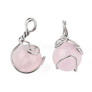 Natural Rose Quartz Pendants, with Platinum Plated Brass Wire Wrapped, Round Charm, 28.5~34x18.5~20x17~19mm, Hole: 4~5.5mm(G-N333-013C)