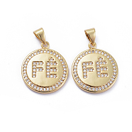 Brass Micro Pave Cubic Zirconia Pendants, Long-Lasting Plated, Flat Round with Word, Golden, 21x17.5x3mm, Hole: 5x3mm(ZIRC-G163-01G)