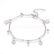 304 Stainless Steel Charm Anklets, Heart and Round, Stainless Steel Color, 9-1/4 inch(23.5cm), 2mm(AJEW-O028-02P)