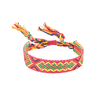 Polyester-cotton Braided Rhombus Pattern Cord Bracelet, Ethnic Tribal Adjustable Brazilian Bracelet for Women, Cerise, 5-7/8~11 inch(15~28cm)(FIND-PW0013-001A-22)