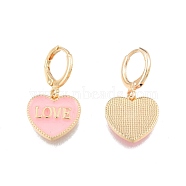 Heart with Word Love Enamel Dangle Leverback Earrings, Real 18K Gold Plated Brass Jewelry for Women, Cadmium Free & Nickel Free & Lead Free, Pink, 28mm, Pin: 1mm(EJEW-N012-108B)