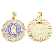 Brass Micro Pave Clear Cubic Zirconia Pendants, with Enamel and Shell, Real 18K Gold Plated, Nickel Free, Flat Round with Virgin Mary, Medium Purple, 23.5x21x4mm, Hole: 3x4mm(KK-N227-100A)