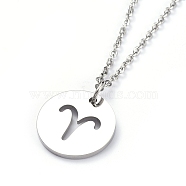 304 Stainless Steel Pendant Necklaces, with Cable Chains and Lobster Claw Clasps, Flat Round with Twelve Constellations, Stainless Steel Color, Aries, 17.7 inch(45cm), 2mm(NJEW-E147-09P)