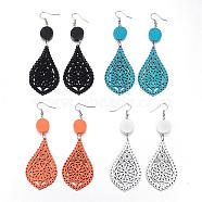 Trendy Teardrop Wood Dangle Earrings, with Platinum Tone Alloy Earring Hooks, Mixed Color, 94~96x32~34mm, pin: 0.8mm(EJEW-F062-L)