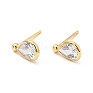 Clear Cubic Zirconia Teardrop Stud Earrings, Brass Jewelry for Women, Cadmium Free & Nickel Free & Lead Free, Real 18K Gold Plated, 11x6.5mm, Pin: 0.7mm(EJEW-G297-23G)