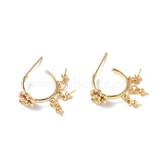 Brass Clear Cubic Zirconia Stud Earring Findings, with Three Cup Peg Bails and 925 Sterling Silver Pins, Half Ring with Flower, Real 18K Gold Plated, 25x8mm, Pin: 0.8mm(KK-B063-23G)