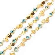 Glass Flat Round with Evil Eye Link Chains, with Gold Plated Brass Charms, Long-Lasting Plated, Soldered, with Spool, Cyan, 10x4.5x2mm(CHC-E024-15G)
