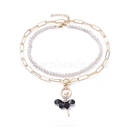 Pendant & Beaded Necklaces Sets, with Natural Pearl, Alloy Resin Pendants, Iron Paperclip Chains, 304 Stainless Steel Lobster Claw Clasps & Toggle Clasps, Ballet Girl, Black, 17.44 inch(44.3cm), 13.3 inch~14.88 inch(33.8~37.8cm), 2pcs/set(NJEW-JN02783-05)