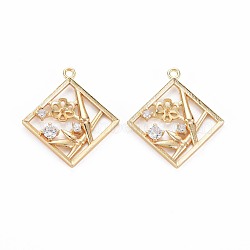 Brass Micro Pave Clear Cubic Zirconia Pendants, For Half Drilled Beads, Nickel Free, Rhombus with Flower, Real 18K Gold Plated, 25.5x23x3mm, Hole: 1.5mm, Pin: 0.5mm(For Half Drilled Beads)(KK-S356-748)