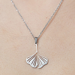 201 Stainless Steel Hollow Ginkgo Leaf Pendant Necklace, Stainless Steel Color, 17.72 inch(45cm)(NJEW-OY001-64)