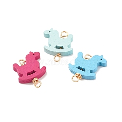 Spray Painted Wood Connector Charms, with Golden Tone Copper Wire Loops, Rocking Horse, Mixed Color, 29.5x24.5x5mm, Hole: 3.5~4mm(PALLOY-JF01427-02)