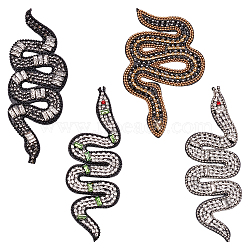 4Pcs 4 Styles Snake Shape Appliques, Cloth & Bead Chain & Rhinestone Handicraft Appliques, Costume Hat Bag Ornament Accessories, Mixed Color, 99~120x42~61.5x4.5~6mm, 1pc/style(DIY-MA0005-61)