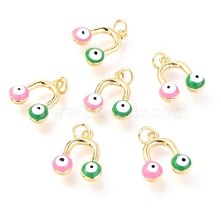 Brass Enamel Pendants, Long-Lasting Plated, Real 18K Gold Plated, with Jump Rings, Round with Evil Eye, Pink, 16x14x5mm, Jump Ring: 5x0.6mm,  3mm inner diameter(KK-Y001-01B-G)