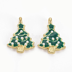 Rack Plating Alloy Enamel Pendants, with White ABS Plastic Imitation Pearl, Cadmium Free & Lead Free, Light Gold, Christmas Tree, Dark Green, 24.5x18x5mm, Hole: 2mm(PALLOY-Q433-024-RS)