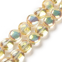 Transparent Electroplate Glass Bead Strands, Half Rainbow Plated, Flat Round, Yellow, 12x8mm, Hole: 1.2mm, about 50pcs/strand, 24.41''(62cm)(EGLA-P049-01A-HP02)