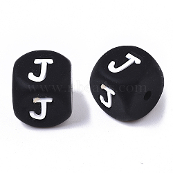 Food Grade Eco-Friendly Silicone Beads, Horizontal Hole, Chewing Beads For Teethers, DIY Nursing Necklaces Making, Cube, Black, Letter.J, 12x12x12mm, Hole: 2mm(SIL-T055-J)