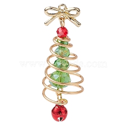 Glass & Alloy Pendants, with Brass Bell & Golden Copper Wire, Christmas Tree & Bowknot, Red, 44x15x15mm, Hole: 1.2mm(PALLOY-JF02990-02)