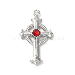 Alloy with Ruby Rhinestone Big Pendants, Cross Charms, Platinum, 52x30.5x6.5mm, Hole: 3.5mm(FIND-G067-15E-P)