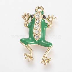 Enamel Style Alloy Pendants, with Rhinestones, Frog, Golden, 33x19x6mm, Hole: 2mm(X-ENAM-S108-224A)