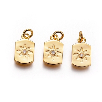 Brass Charms, with Cubic Zirconia and Jump Rings, Rectangle with Flower, Clear, Golden, 13x8x2mm, Hole: 3mm