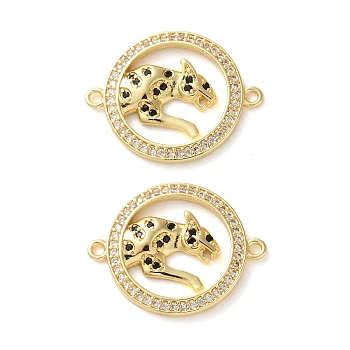 Rack Plating Brass Black Cubic Zirconia Flat Round with Leopard Connector Charms, Long-Lasting Plated, Lead Free & Cadmium Free, Real 18K Gold Plated, 23x18x2.5mm, Hole: 1.3mm