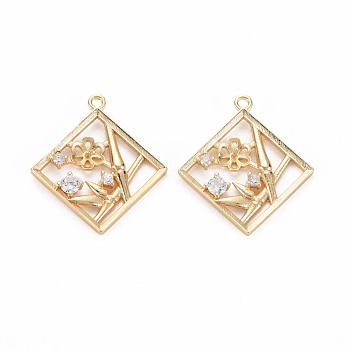 Brass Micro Pave Clear Cubic Zirconia Pendants, For Half Drilled Beads, Nickel Free, Rhombus with Flower, Real 18K Gold Plated, 25.5x23x3mm, Hole: 1.5mm, Pin: 0.5mm(For Half Drilled Beads)