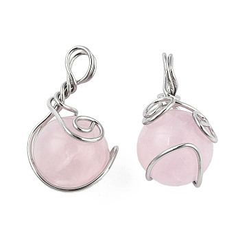 Natural Rose Quartz Pendants, with Platinum Plated Brass Wire Wrapped, Round Charm, 28.5~34x18.5~20x17~19mm, Hole: 4~5.5mm