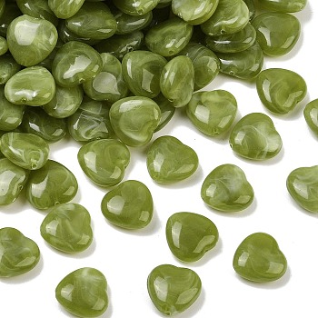 Opaque Acrylic Beads, Imitation Gemstone, Heart, Two Tone, Olive Drab, 15x15.5x6.5mm, Hole: 1.4mm, about 39~50pcs/50g
