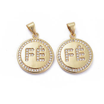 Brass Micro Pave Cubic Zirconia Pendants, Long-Lasting Plated, Flat Round with Word, Golden, 21x17.5x3mm, Hole: 5x3mm