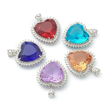 Transparent Faceted Glass Pendants, with Brass Micro Pave Clear Cubic Zirconia Findings, Heart, Platinum, Mixed Color, 36.5x36x12mm, Hole: 9x4.5mm