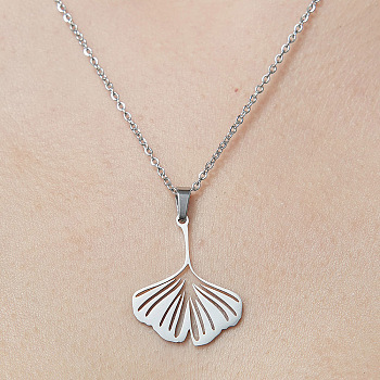 201 Stainless Steel Hollow Ginkgo Leaf Pendant Necklace, Stainless Steel Color, 17.72 inch(45cm)