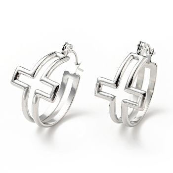 304 Stainless Steel Cross Hoop Earrings for Women, Stainless Steel Color, 22x21x14mm, Pin: 0.8mm
