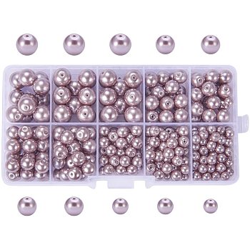 PandaHall Elite Eco-Friendly Dyed Glass Pearl Round Pearlized Bead, Rosy Brown, 5~10mm, Hole: 1.2~1.5mm, about 340pcs/box