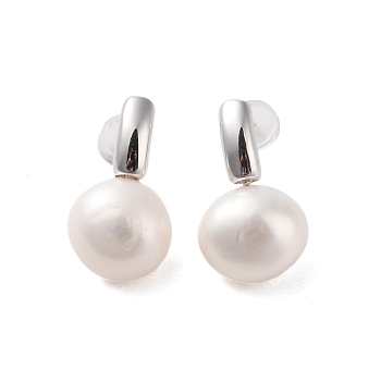 925 Sterling Silver Studs Earring, with Natural Pearl, Platinum, 19.5x12mm