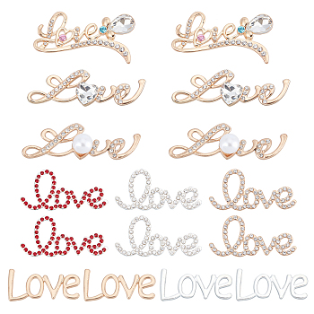 Elite 16Pcs 8 Style Alloy Rhinestone Cabochons, with Plastic Pearl Beads, Word Love, Golden & Silver, 12~48x29~55mm, 2pcs/style