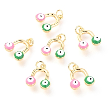 Brass Enamel Pendants, Long-Lasting Plated, Real 18K Gold Plated, with Jump Rings, Round with Evil Eye, Pink, 16x14x5mm, Jump Ring: 5x0.6mm,  3mm inner diameter